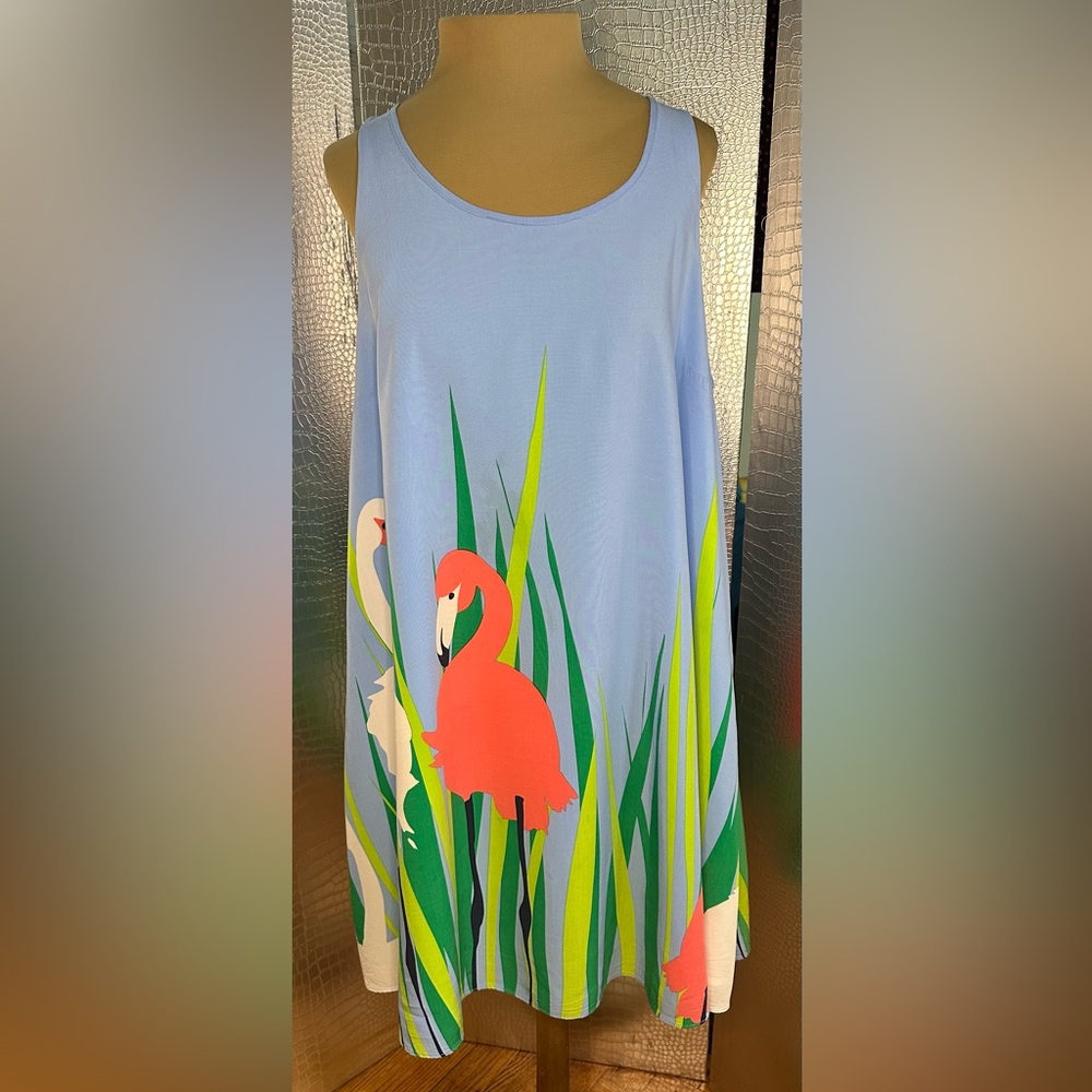crown & ivy Sky Blue Tank Dress with Coral Flamingo Print